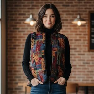 Coldwater Creek Vintage Tapestery Full Zipped Abstract Hippie Boho Vest Size XL